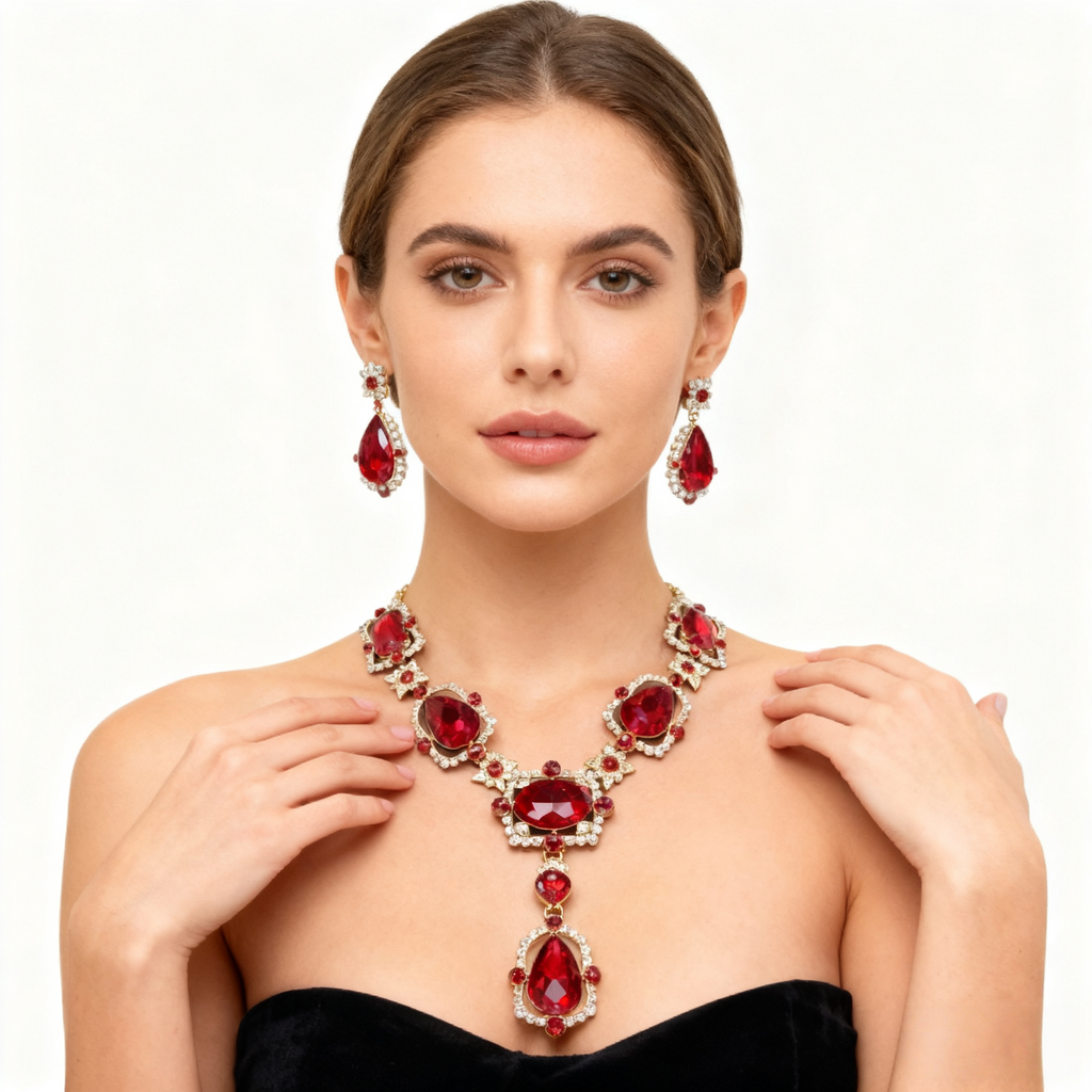 Red Crystal Diamond Necklace & Earring Set