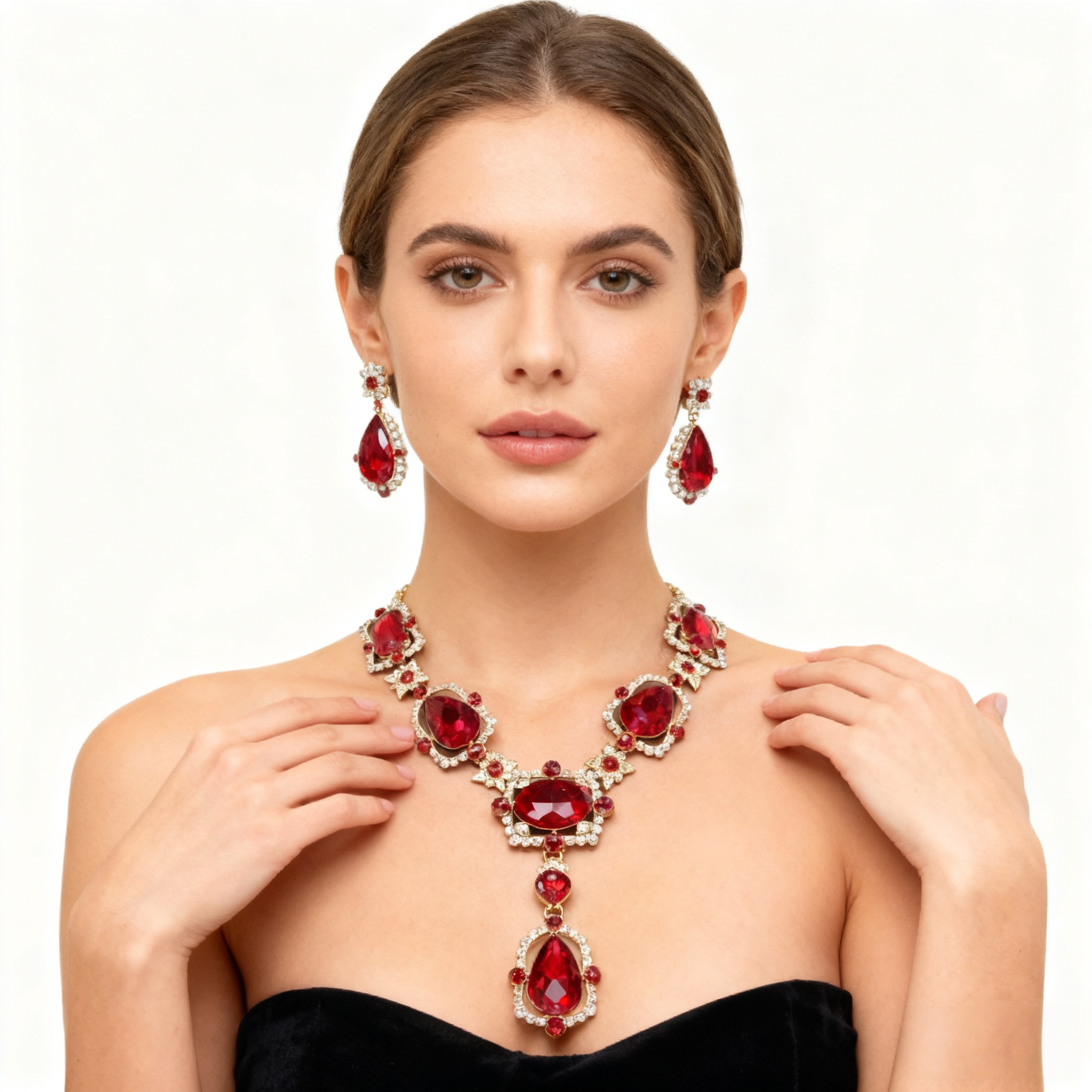 Red Crystal Diamond Necklace & Earring Set