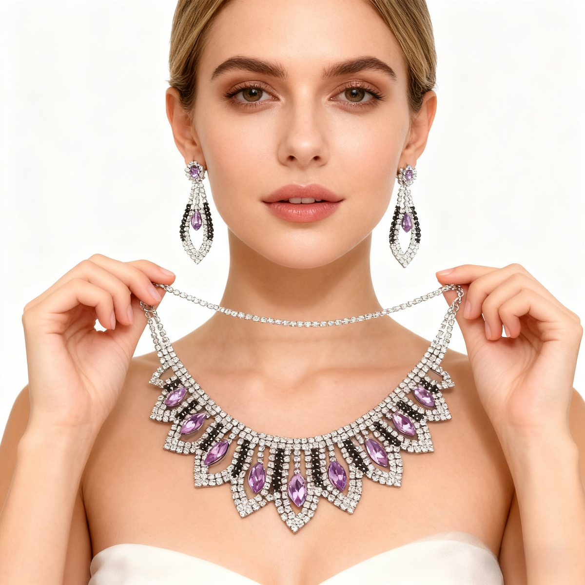 Amethyst & Diamond Tassel Necklace & Earrings Set
