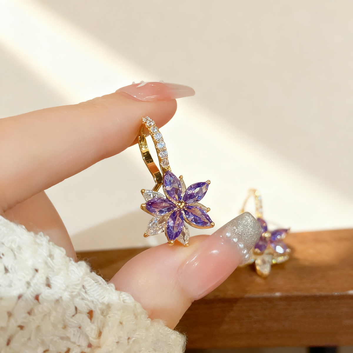 Amethyst & Diamond Flower Double-Layer Earrings