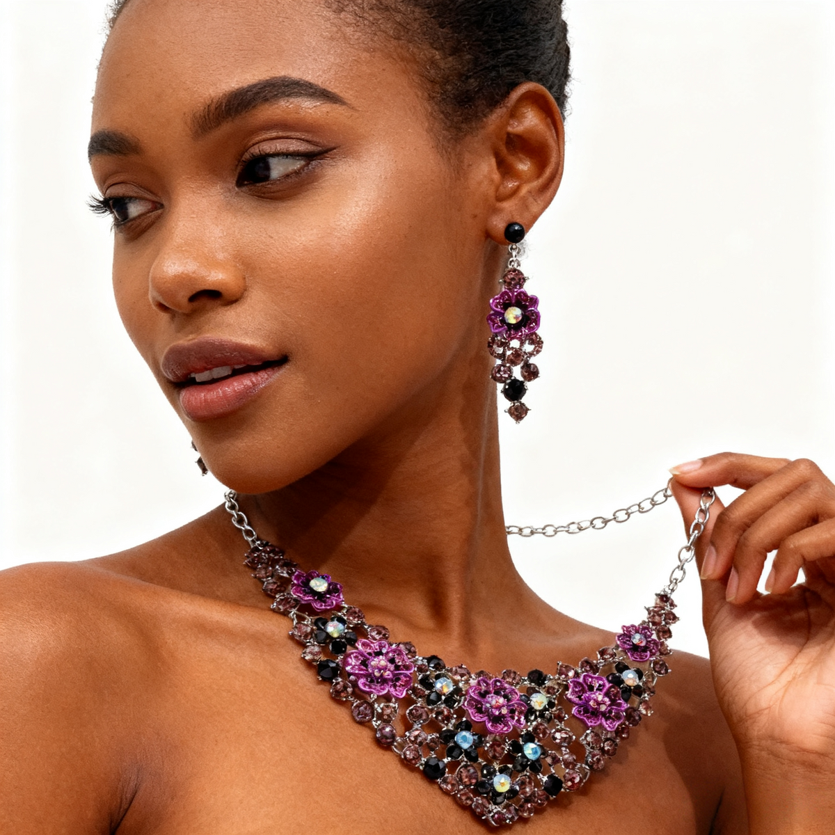 Purple Crystal Flower Necklace & Earring Set