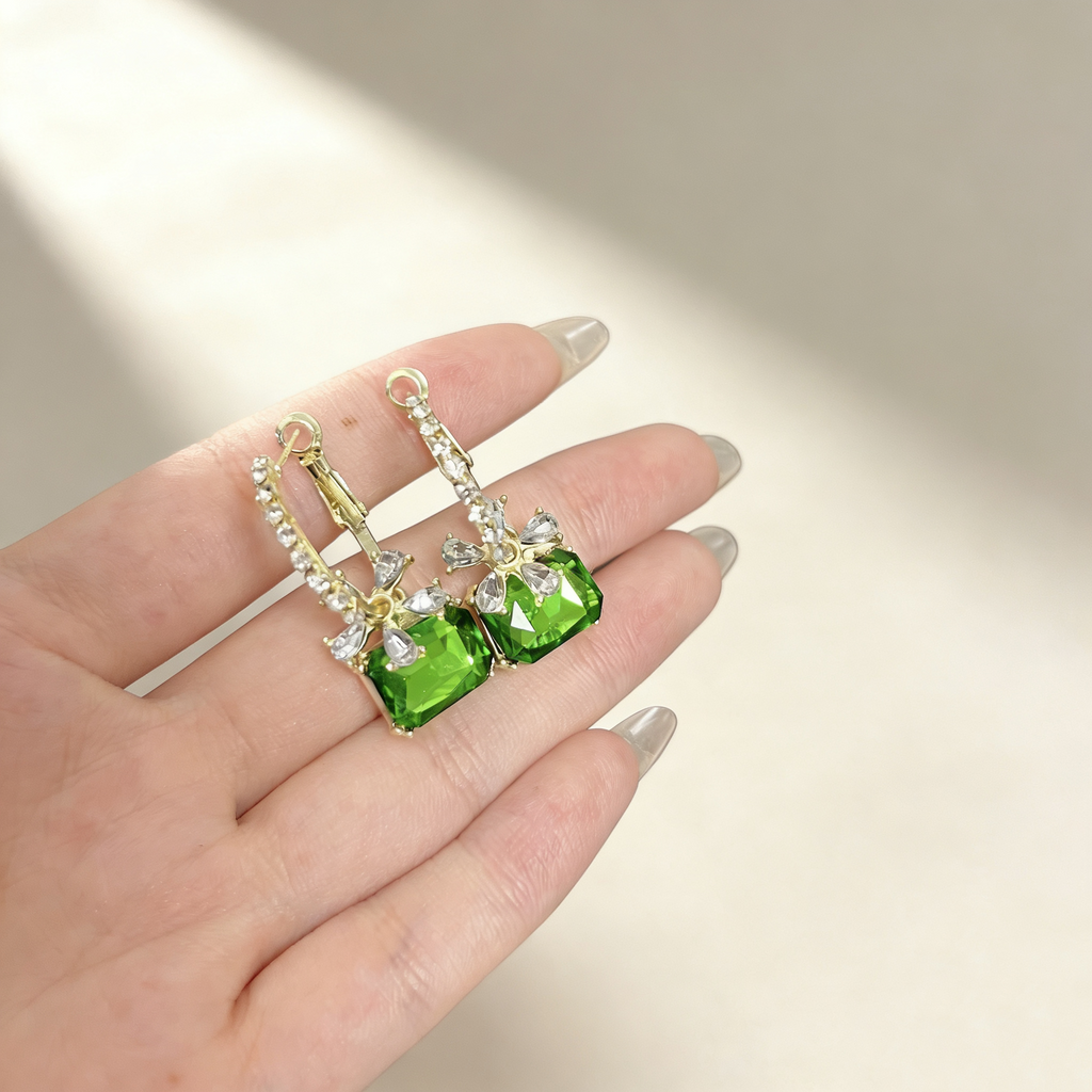 Square Gemstone Floral Earrings