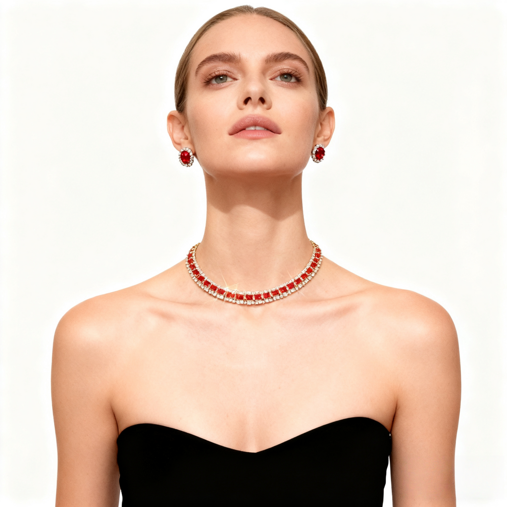 Red Crystal Diamond Necklace & Earring Set