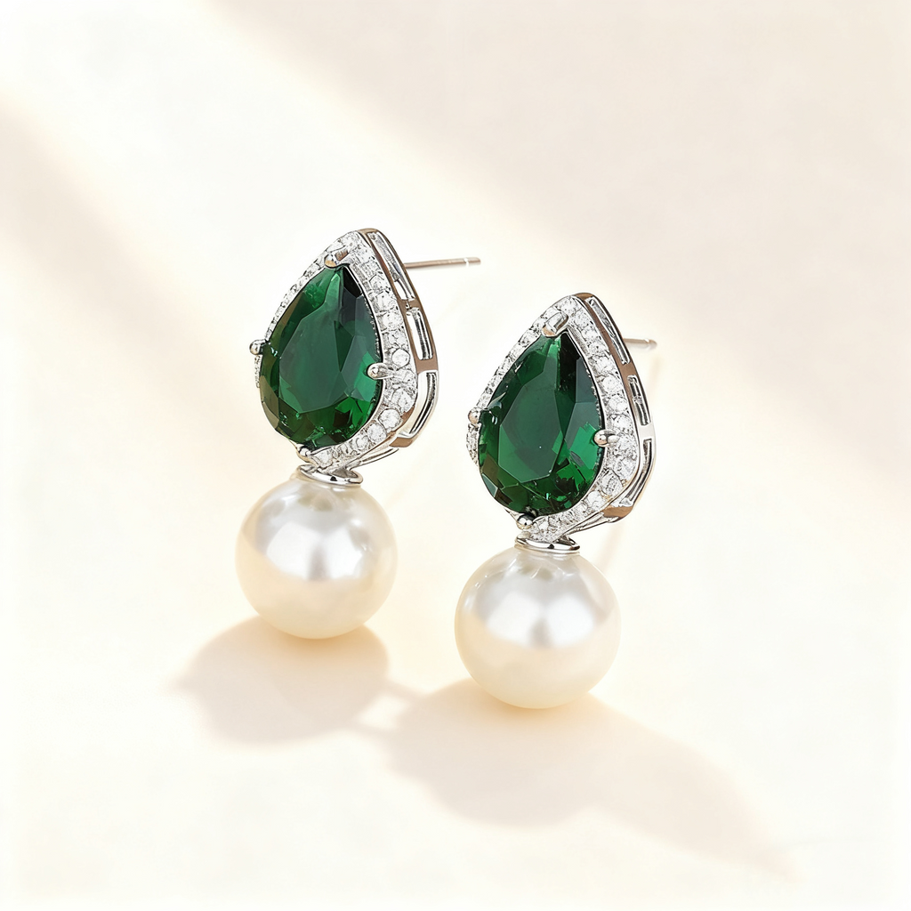 Green Crystal Pavé Pearl Earrings