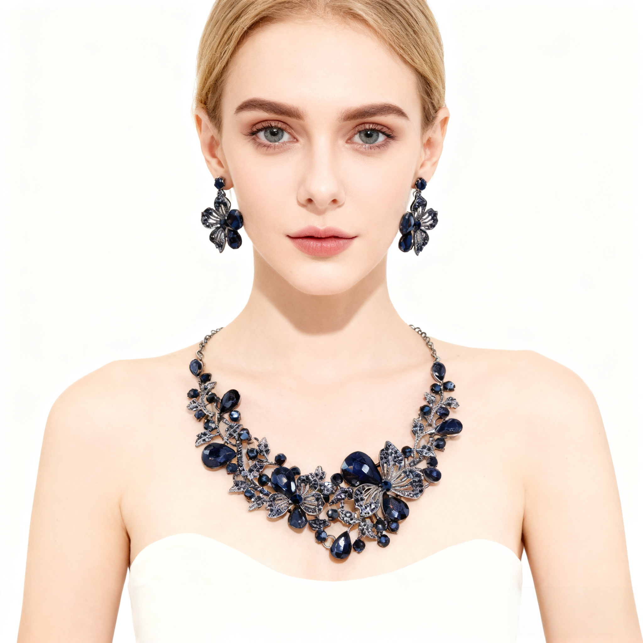 Crystal Flower Cluster Necklace & Earring Set
