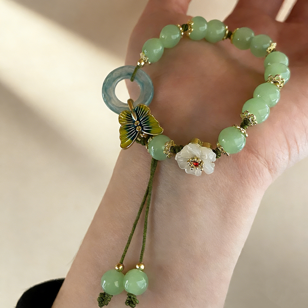 Butterfly & Floral Jade Beaded Bracelet