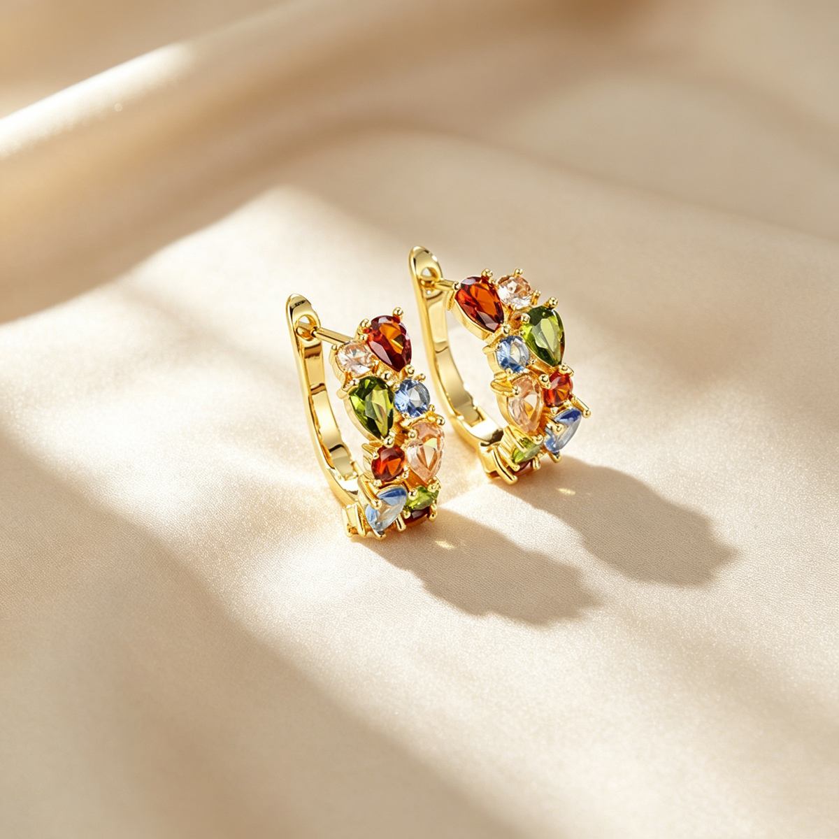 Rainbow Marquise Gemstone Wide Hoop Earrings
