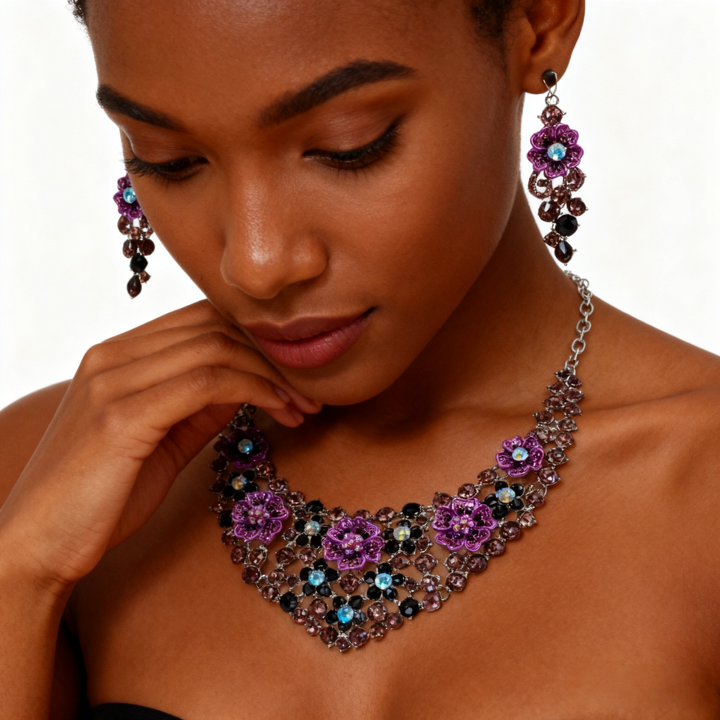 Purple Crystal Flower Necklace & Earring Set