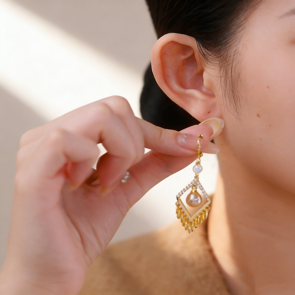 Pearl Geometric Tassel Earrings
