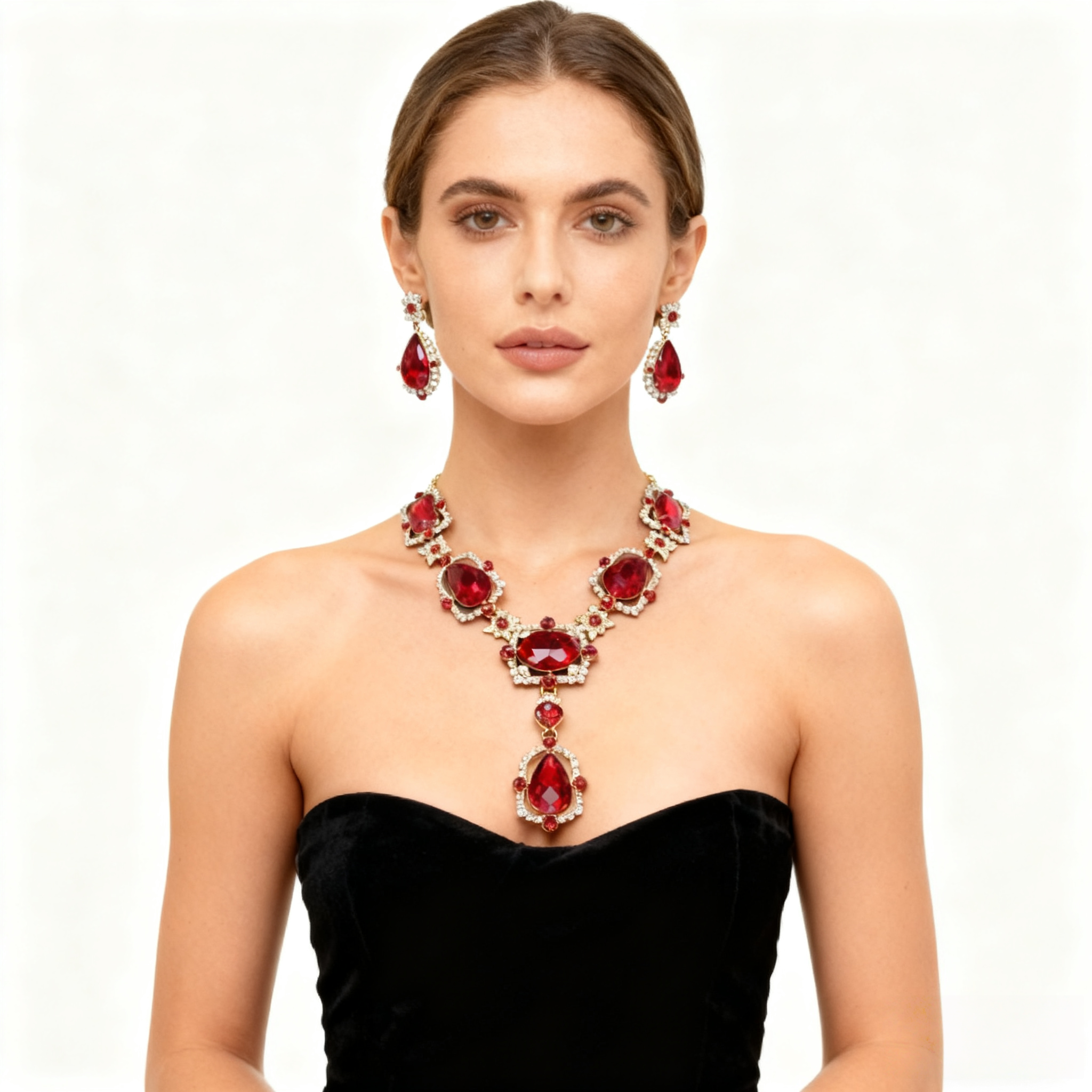 Red Crystal Diamond Necklace & Earring Set