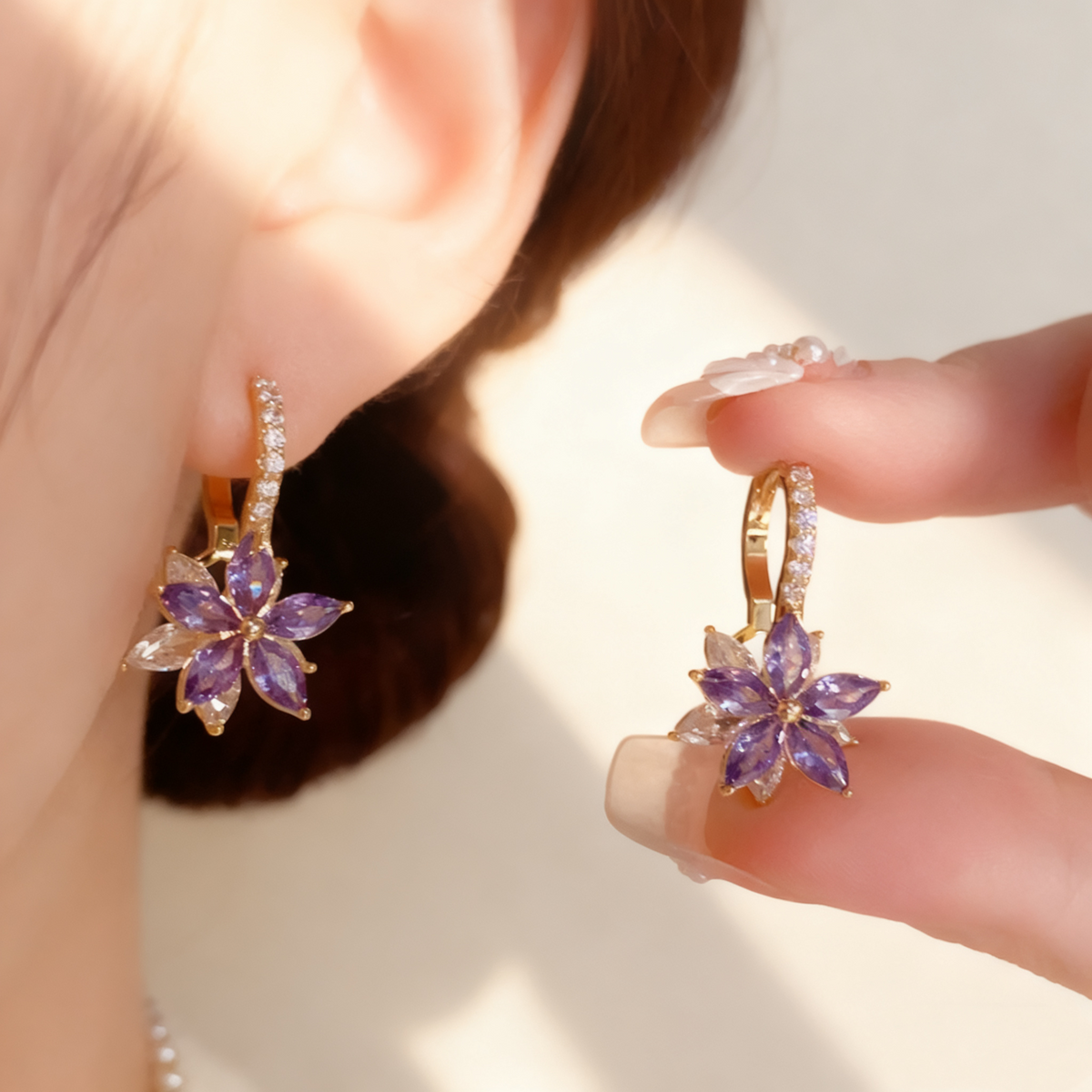 Amethyst & Diamond Flower Double-Layer Earrings