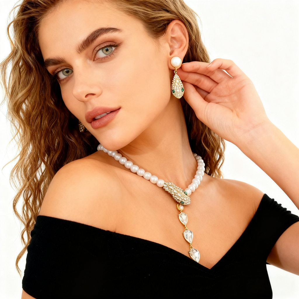 Emerald Diamond Pearl Necklace & Earring Set