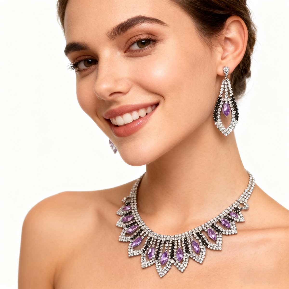 Amethyst & Diamond Tassel Necklace & Earrings Set