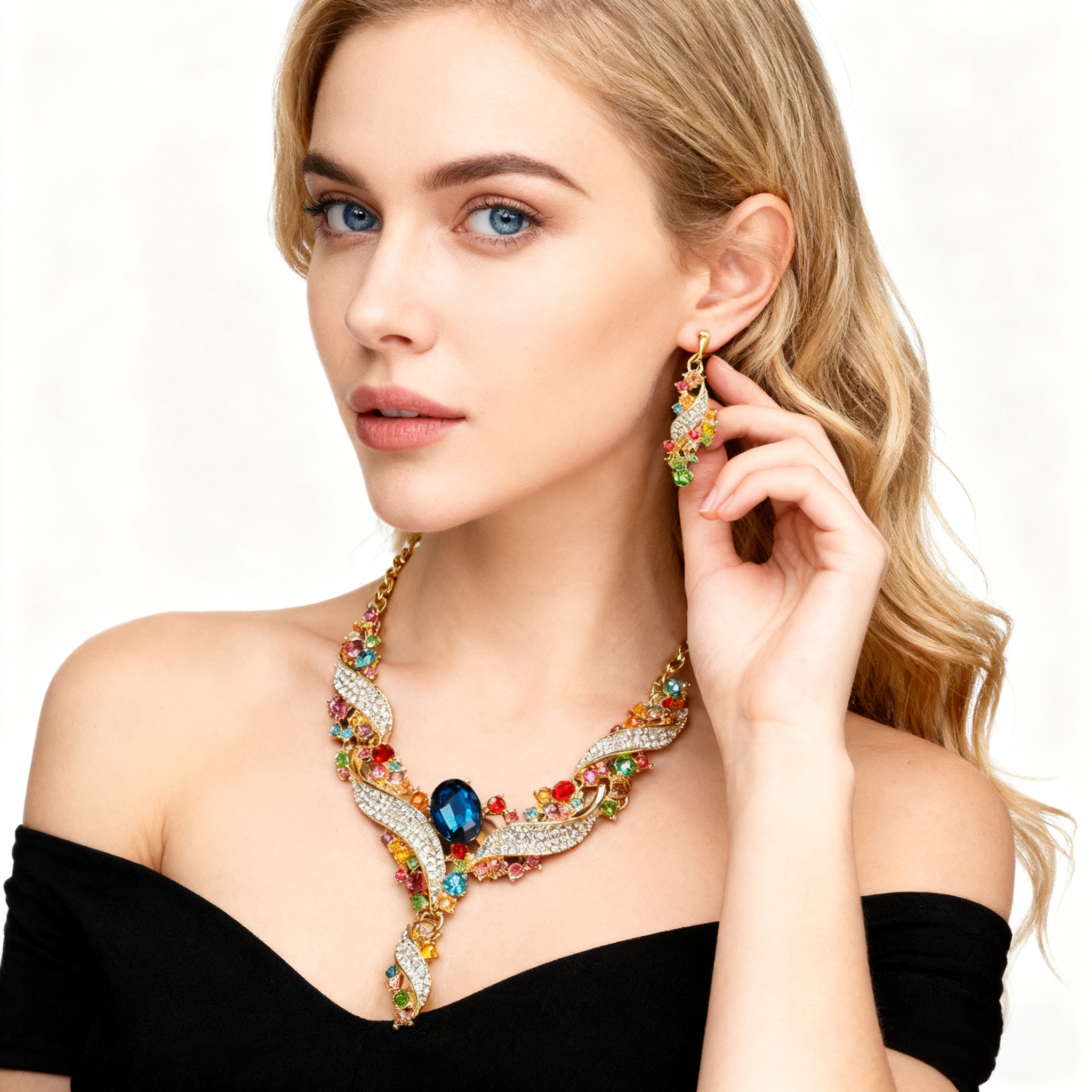 Aquamarine & Multicolor Crystal Necklace & Earring Set