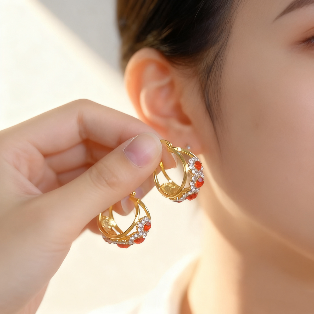 Hollow Ruby Floral Earrings