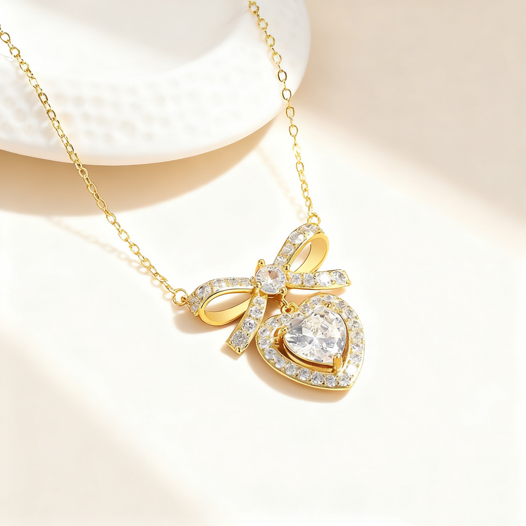 Heart Bow Transparent Crystal Pavé Necklace