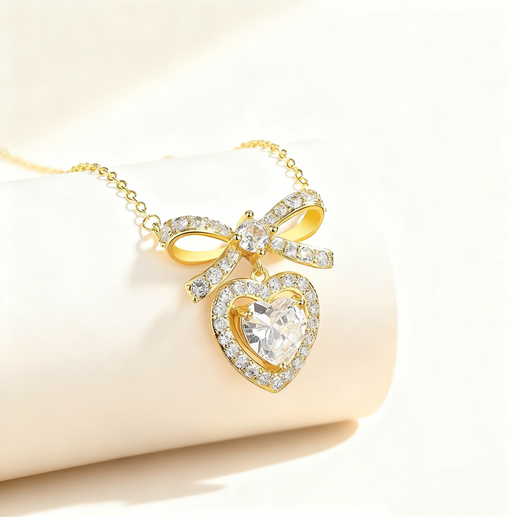 Heart Bow Transparent Crystal Pavé Necklace