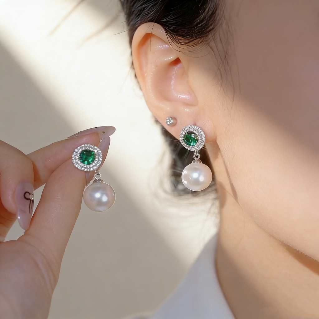 Vintage Emerald Gemstone and Pearl Earrings
