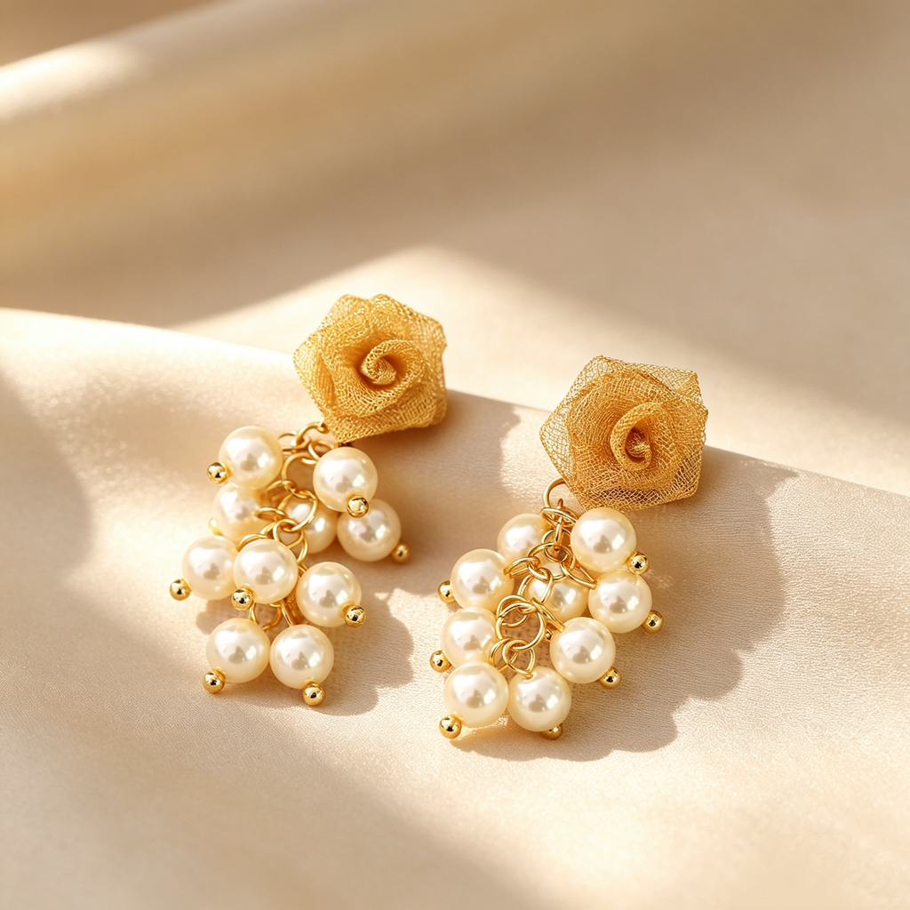 Elegant Rose & Pearl Tassel Drop Earrings