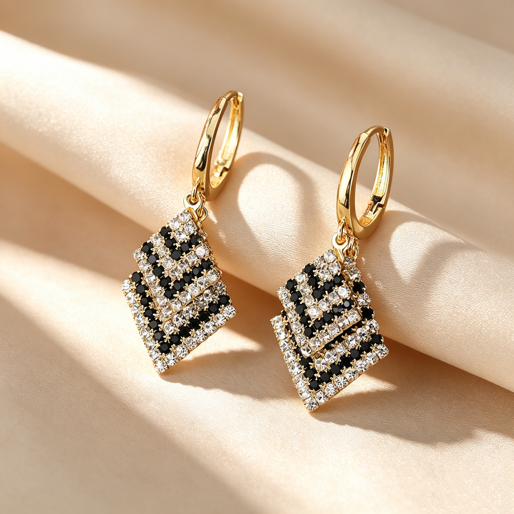 Pavé Layered Square Drop Hoop Earrings