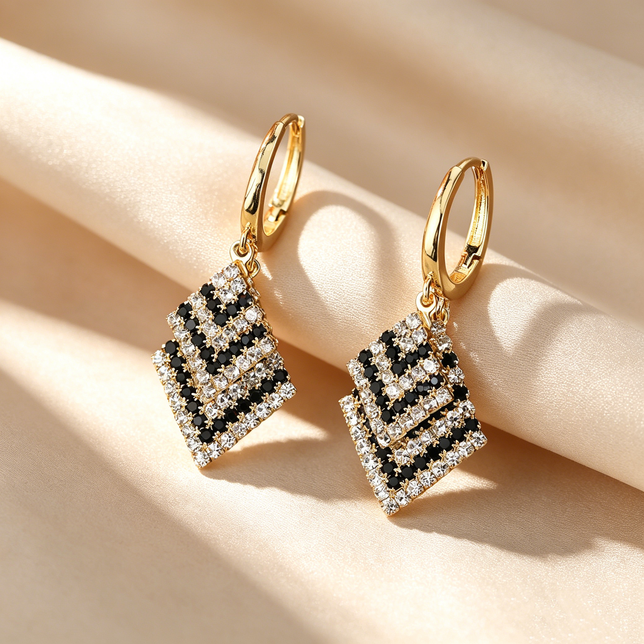 Pavé Layered Square Drop Hoop Earrings