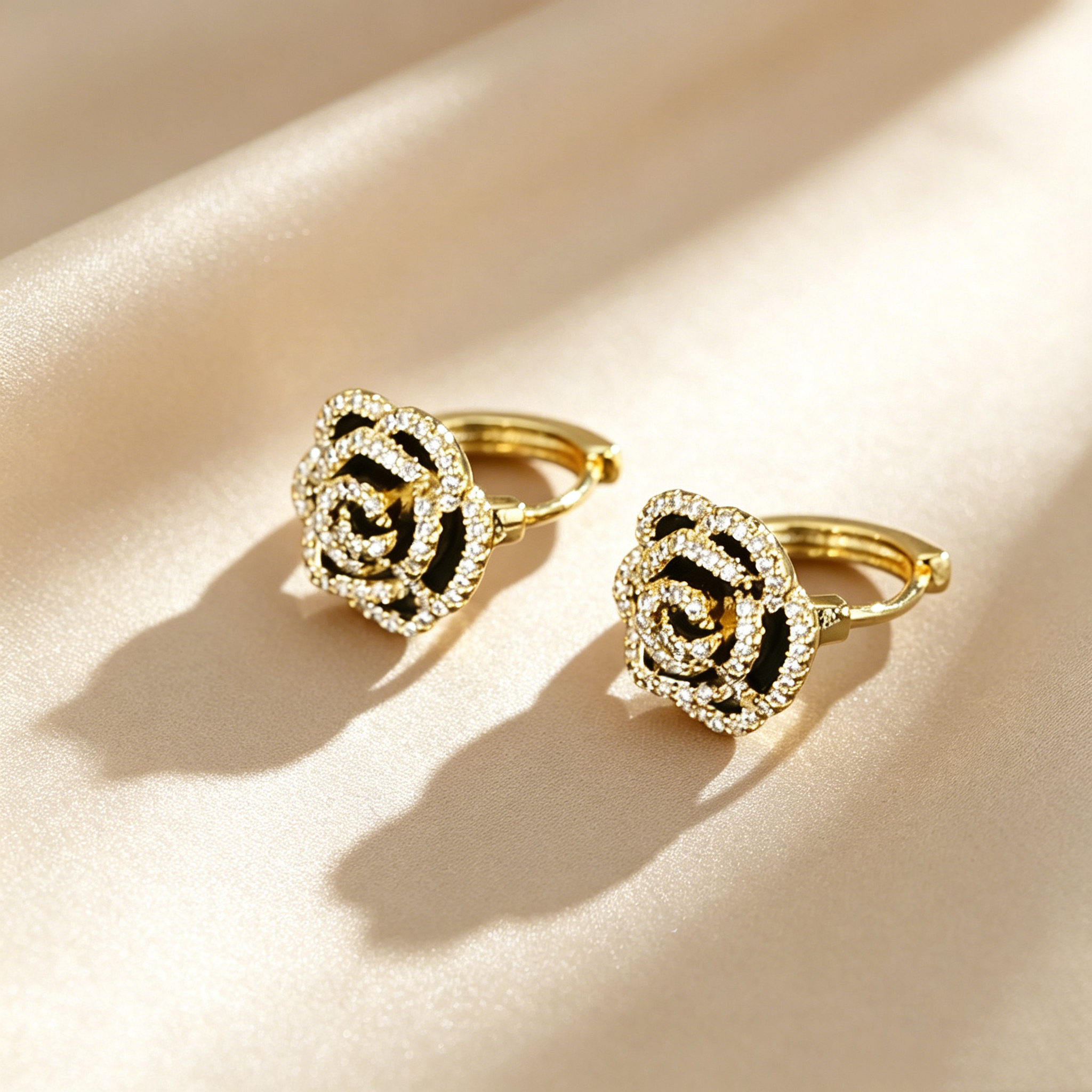 Elegant Black Rose Hoop Drop Earrings