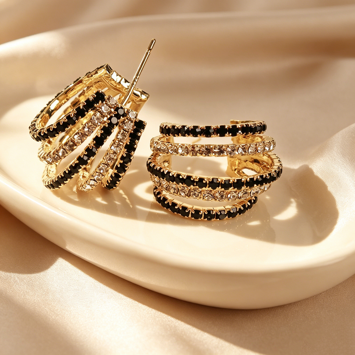 Black & White Pavé Multi-Layer Hoop Earrings