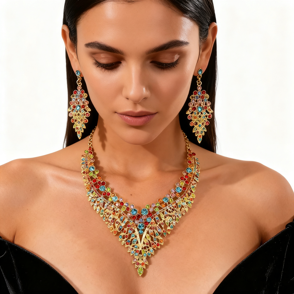 Colorful Crystal Leaf Necklace & Earring Set