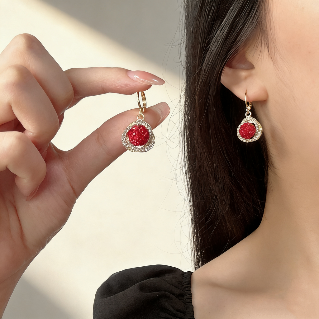 Red Gemstone Wrapped Hoop Earrings