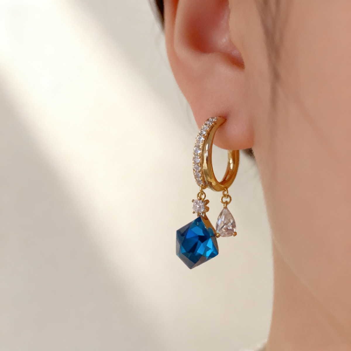 Square Blue Sapphire Double-Layer Earrings