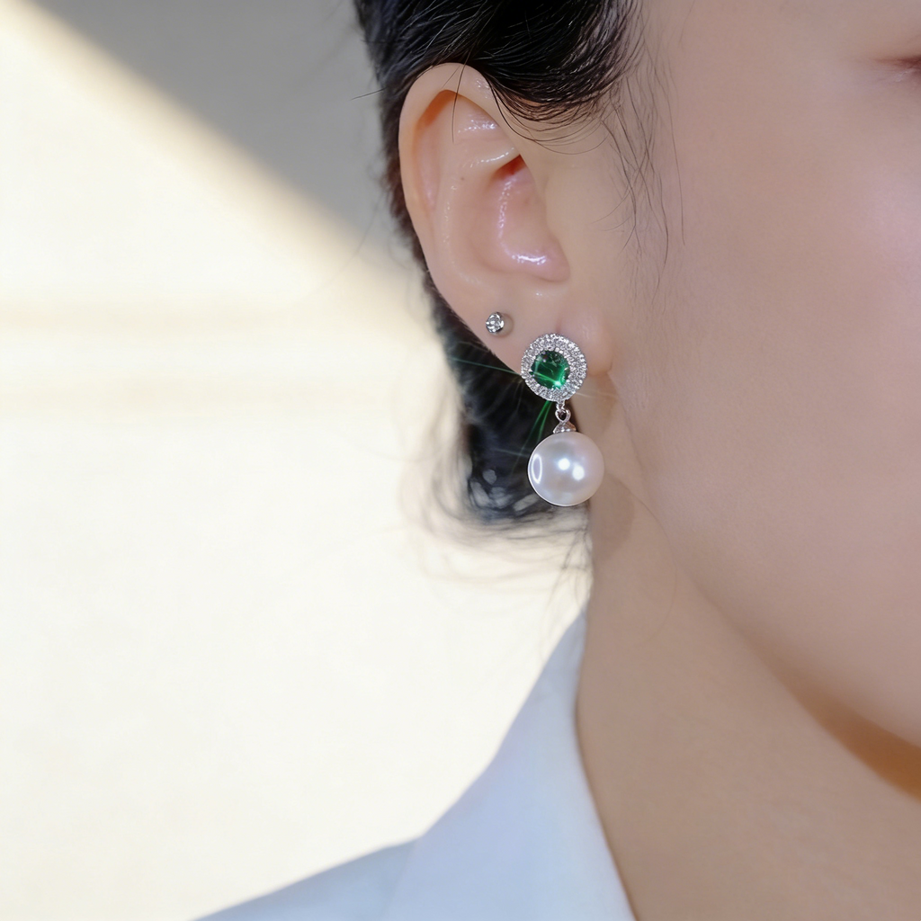 Vintage Emerald Gemstone and Pearl Earrings