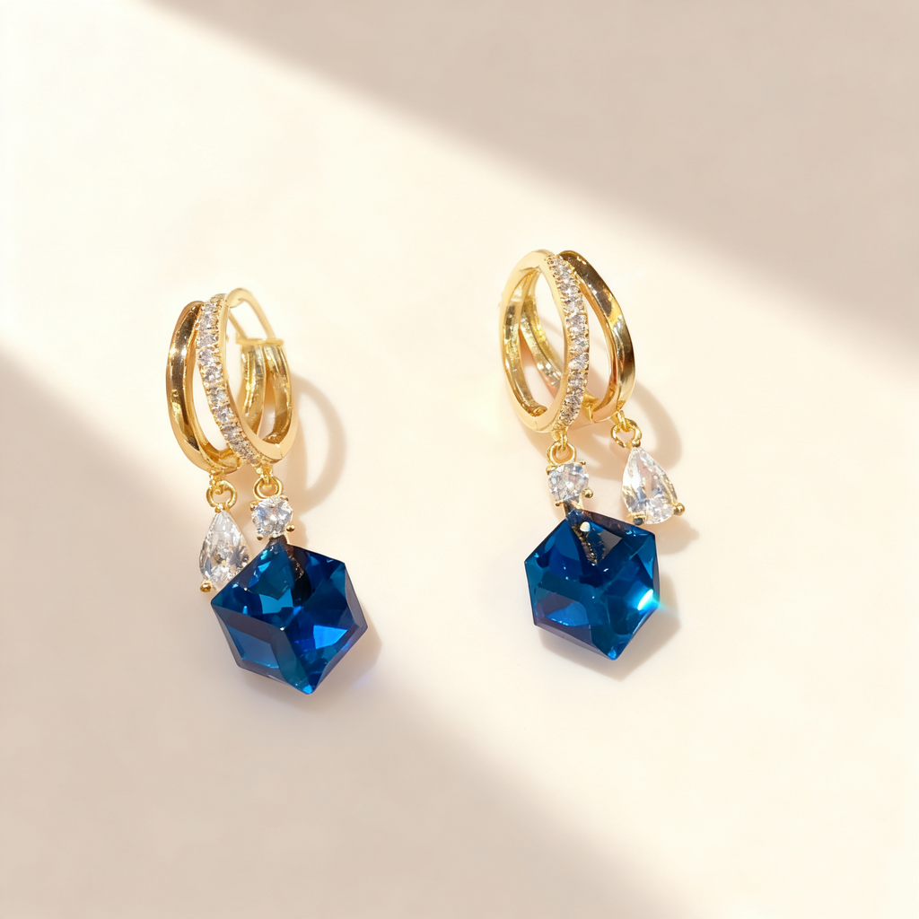 Square Blue Sapphire Double-Layer Earrings