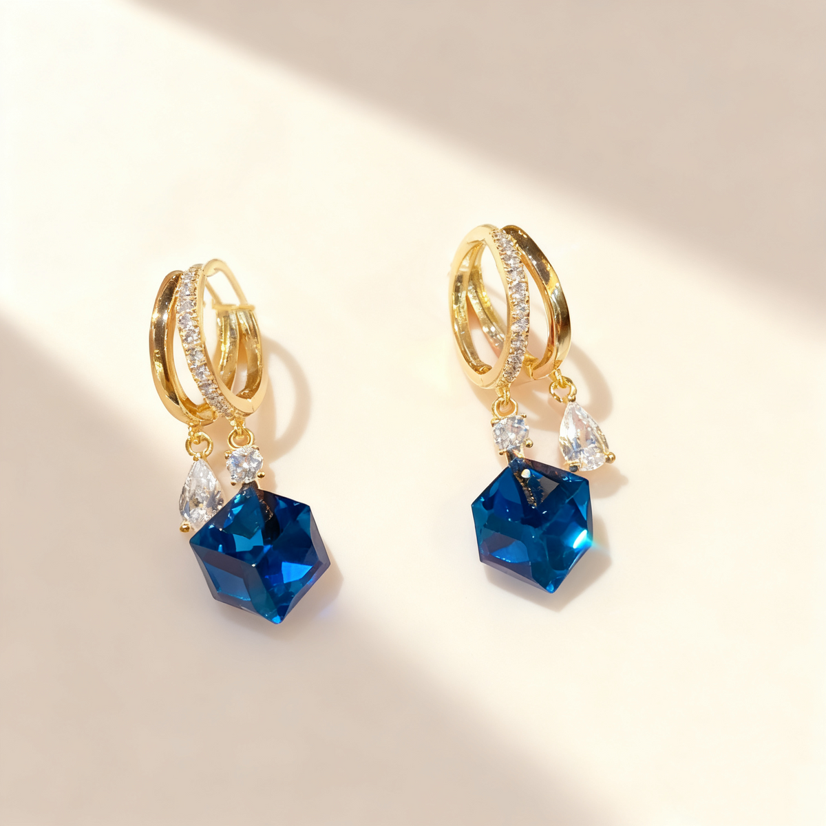 Square Blue Sapphire Double-Layer Earrings