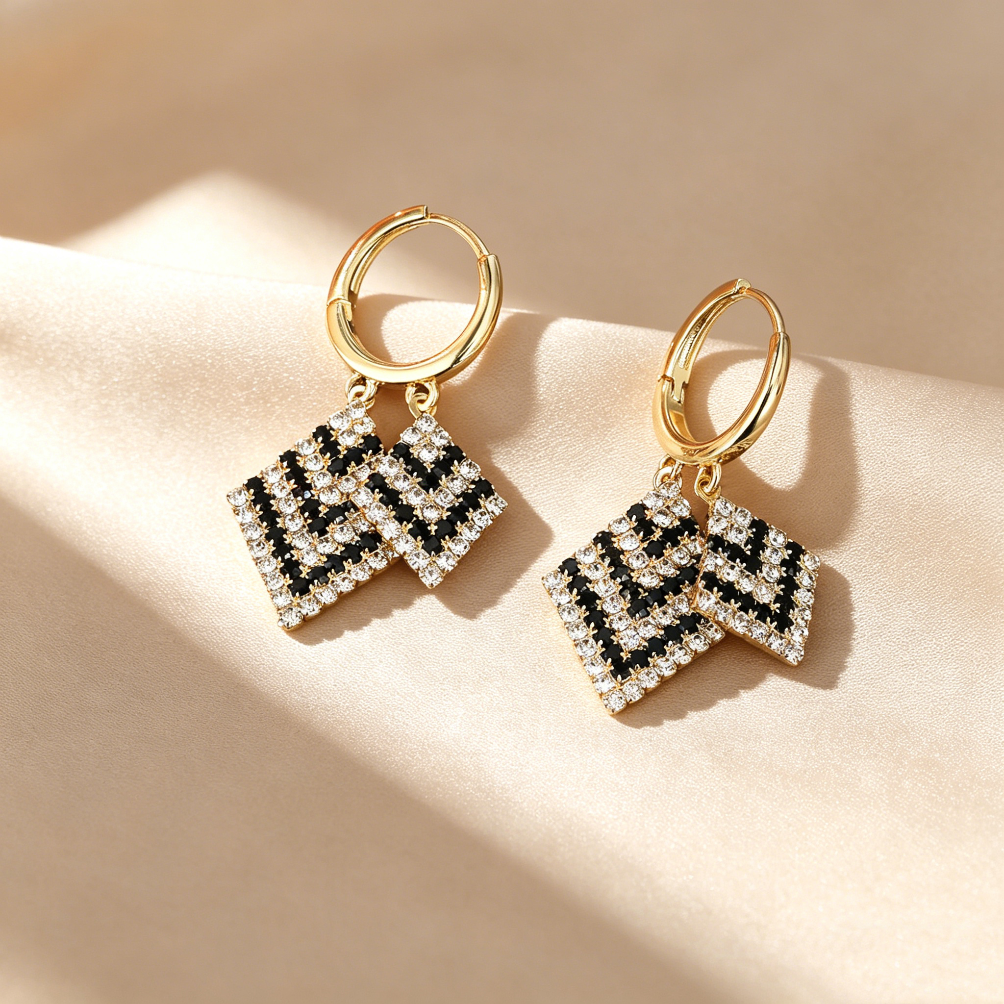 Pavé Layered Square Drop Hoop Earrings