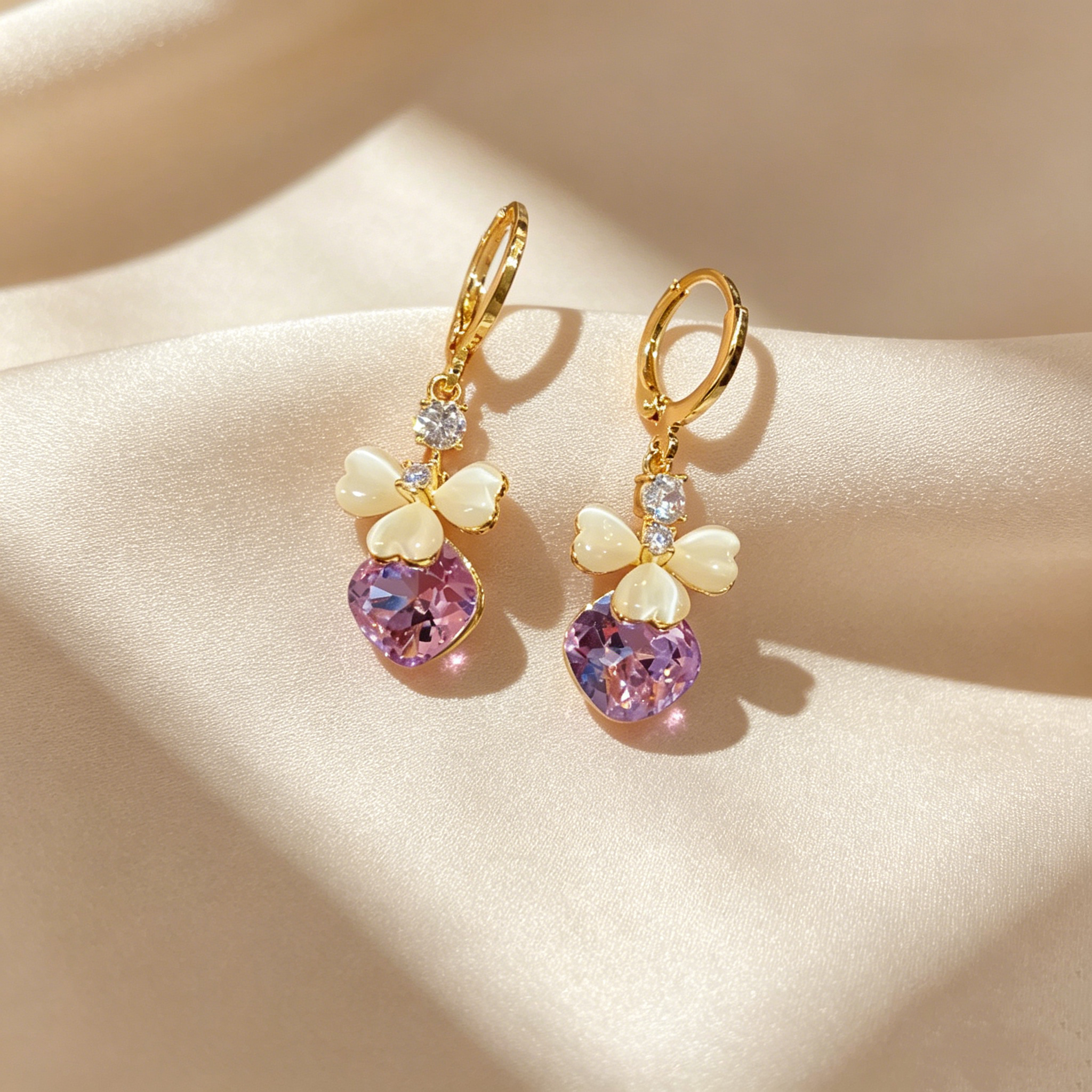 Butterfly Heart Amethyst Drop Hoop Earrings