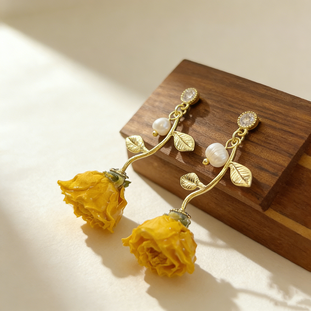 Handcrafted Yellow Rose Pearl Earrings