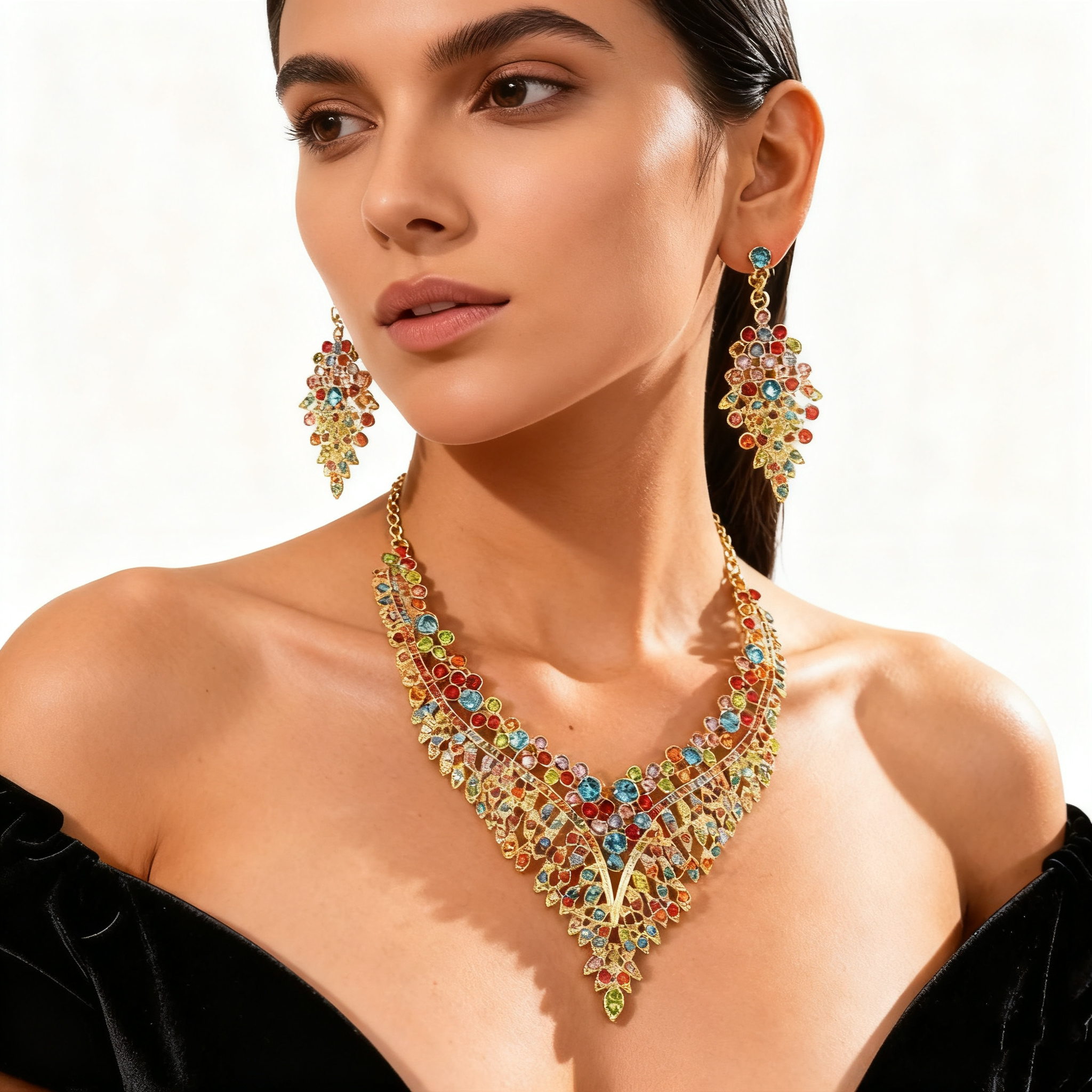 Colorful Crystal Leaf Necklace & Earring Set