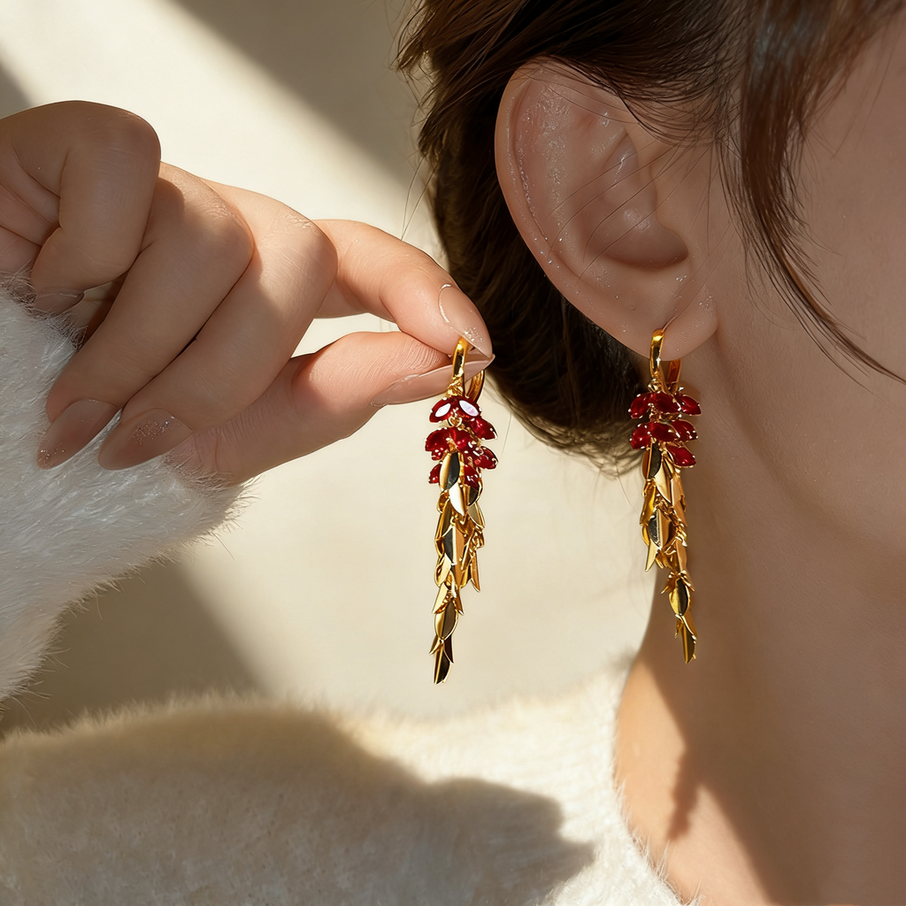 Ruby Wheat Tassel Earrings