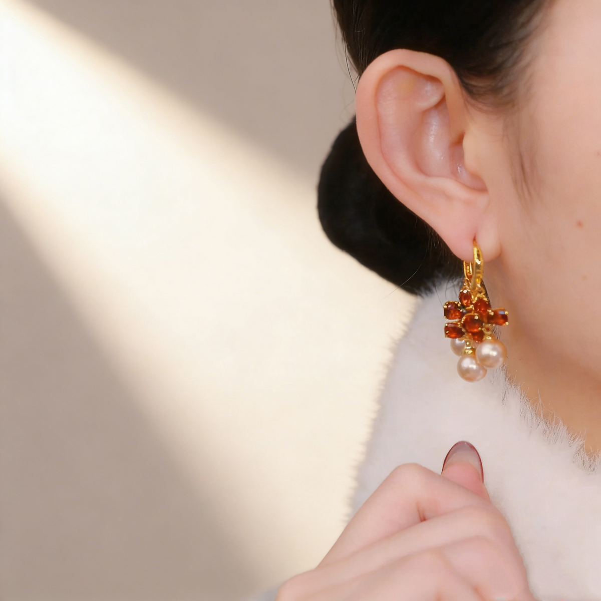 Ruby Flower Pearl Earrings