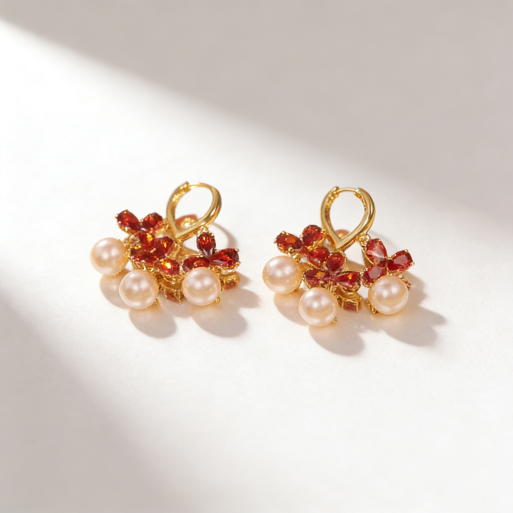 Ruby Flower Pearl Earrings