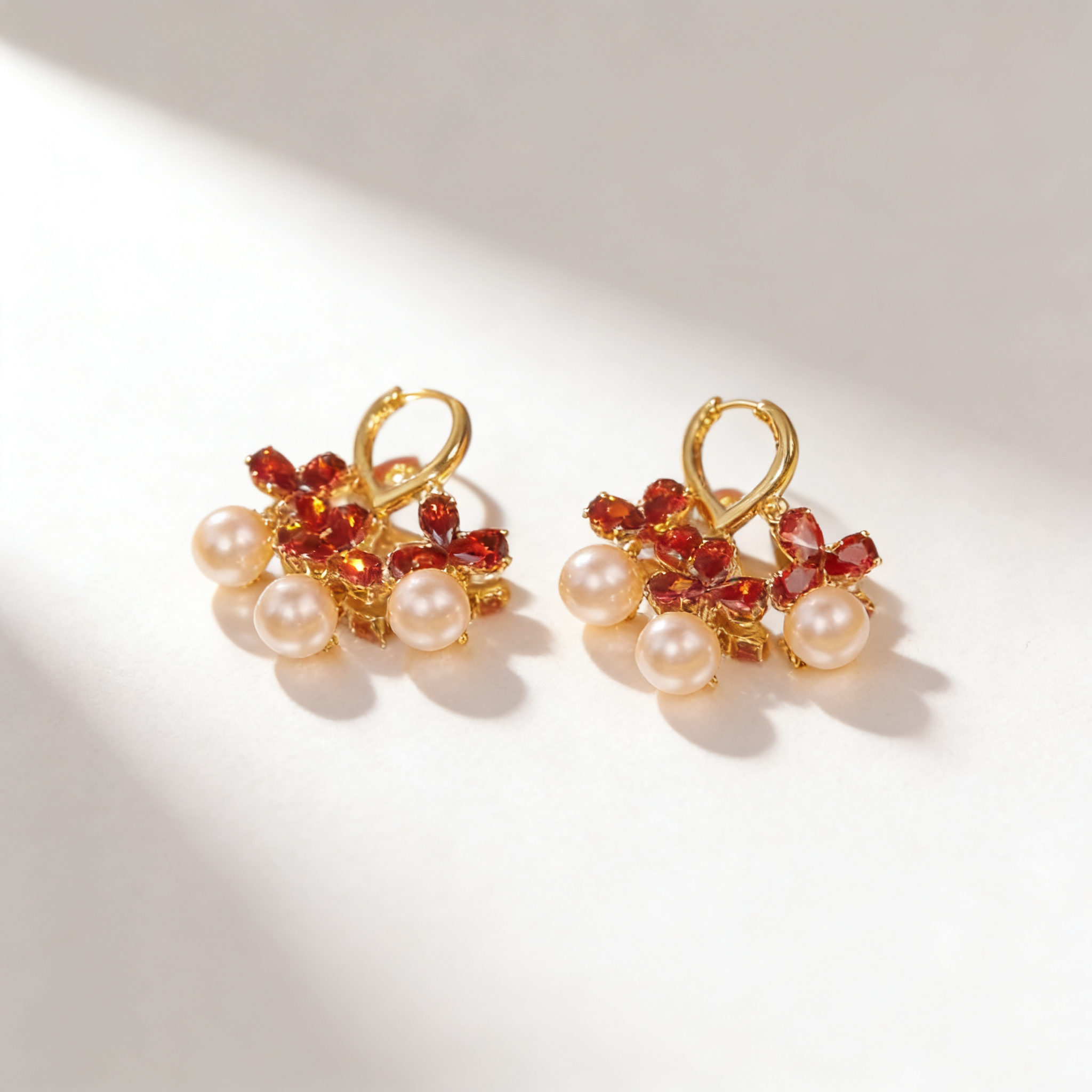 Ruby Flower Pearl Earrings