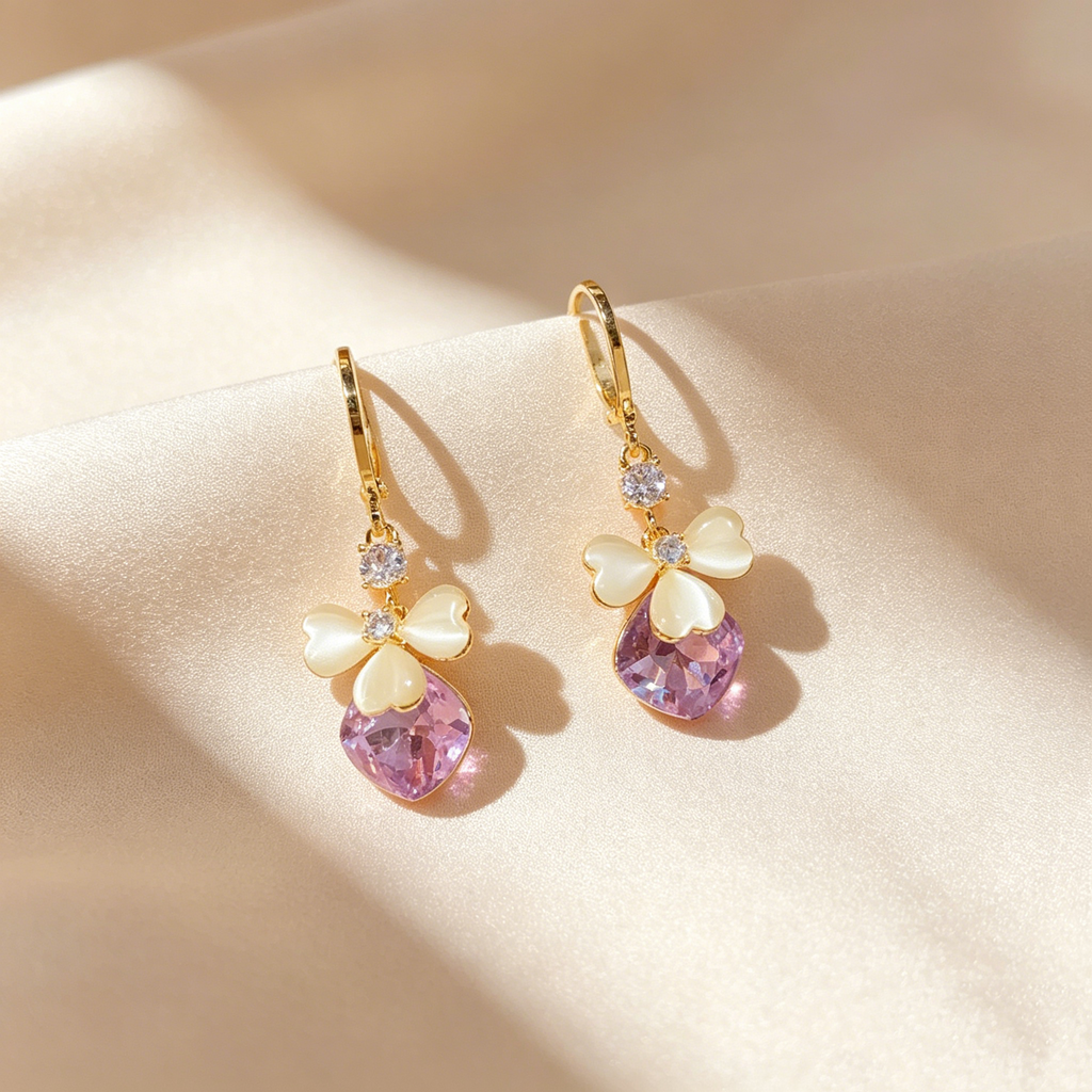 Butterfly Heart Amethyst Drop Hoop Earrings