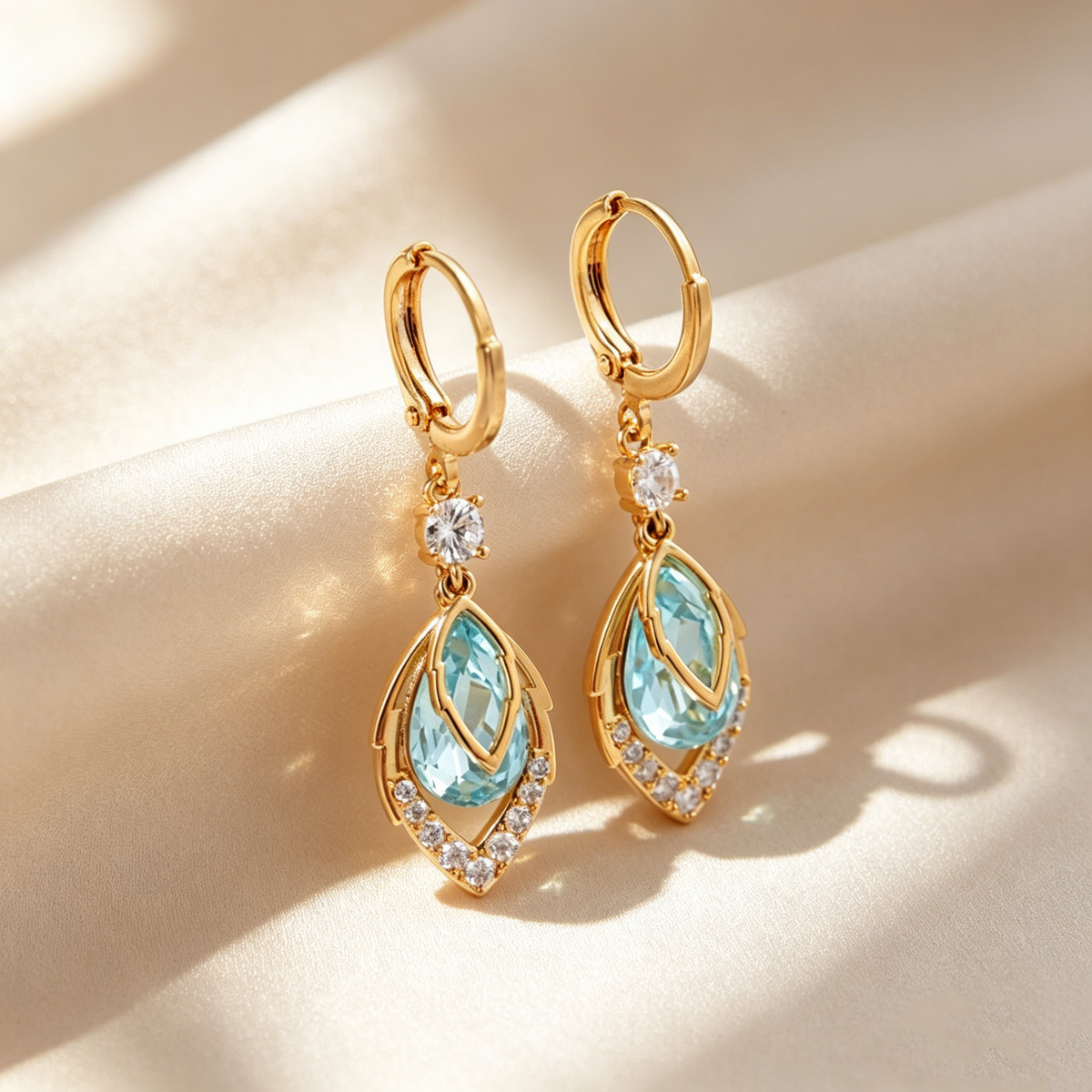 Vintage Marquise Gemstone Drop Hoop Earrings