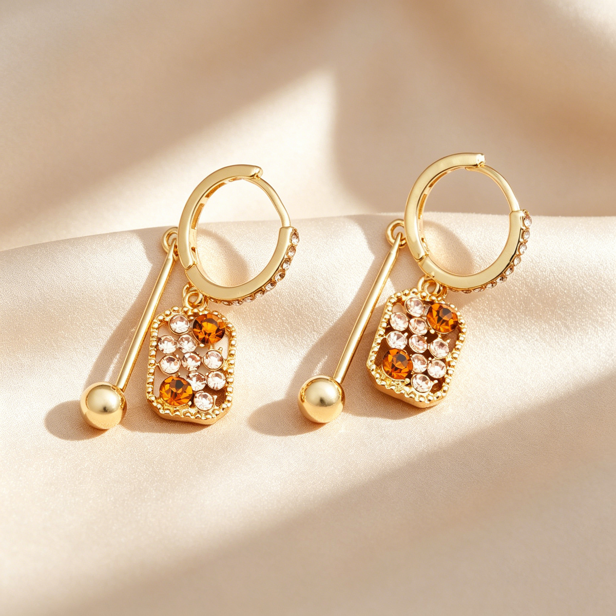 Pavé Square Drop Bar Hoop Earrings