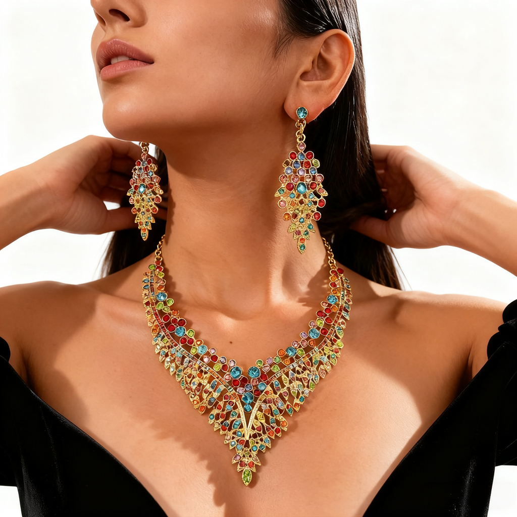 Colorful Crystal Leaf Necklace & Earring Set