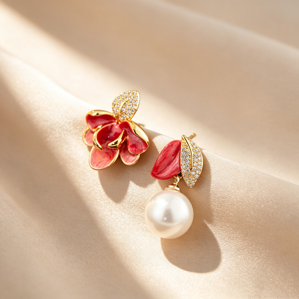 Elegant Asymmetrical Magnolia Enamel & Pearl Drop Earrings