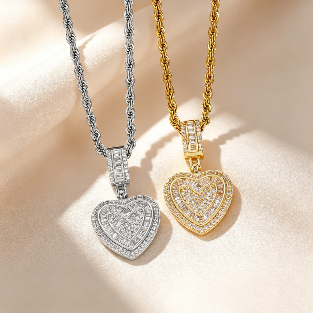 Double Heart Pavé Necklace & Earrings
