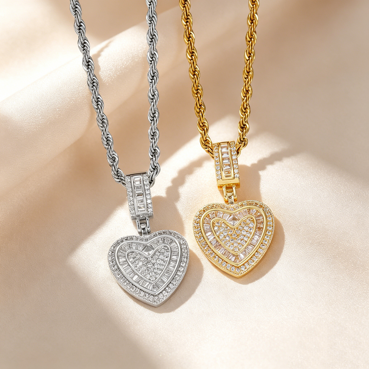Double Heart Pavé Necklace & Earrings