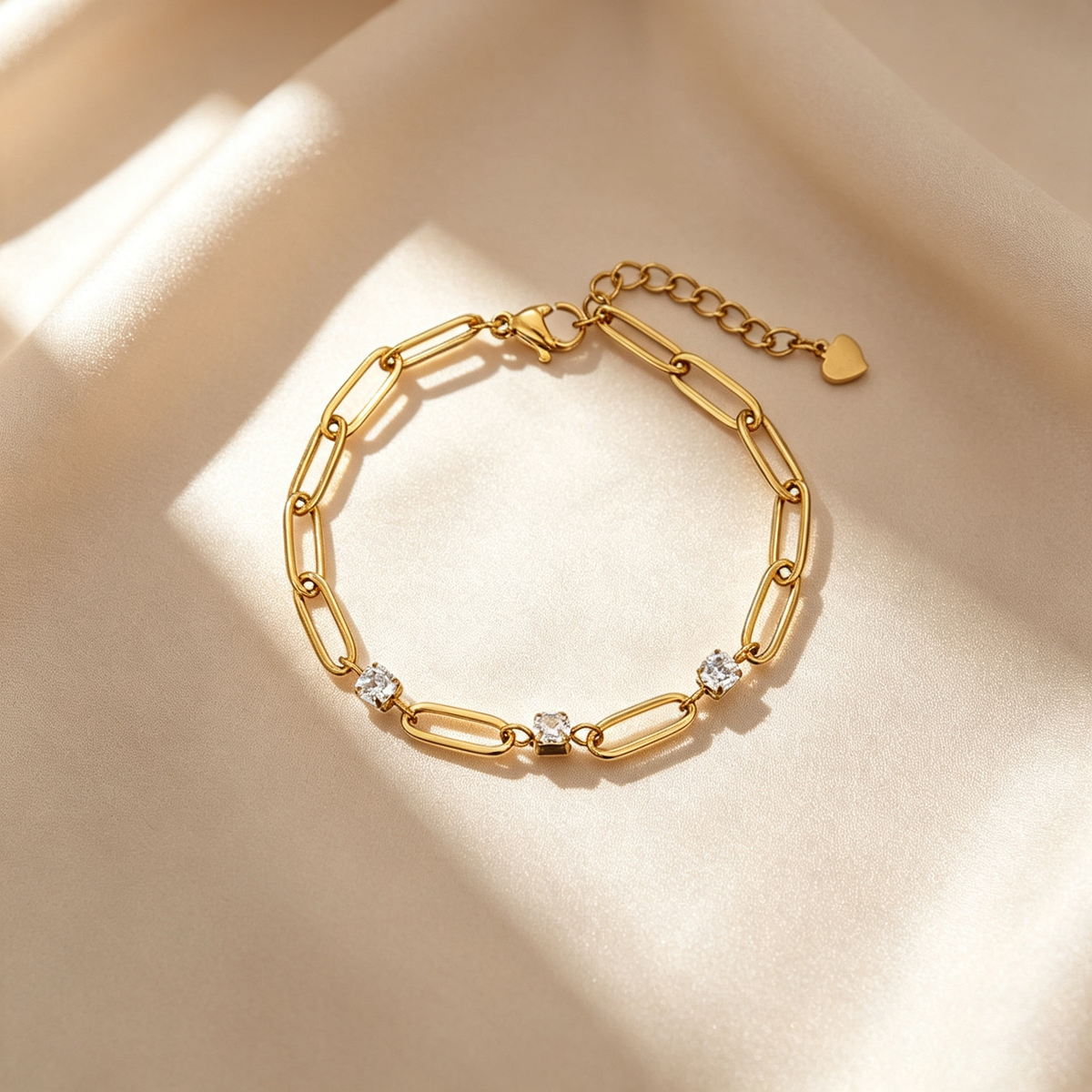Paperclip Link Round Stone Station Bracelet