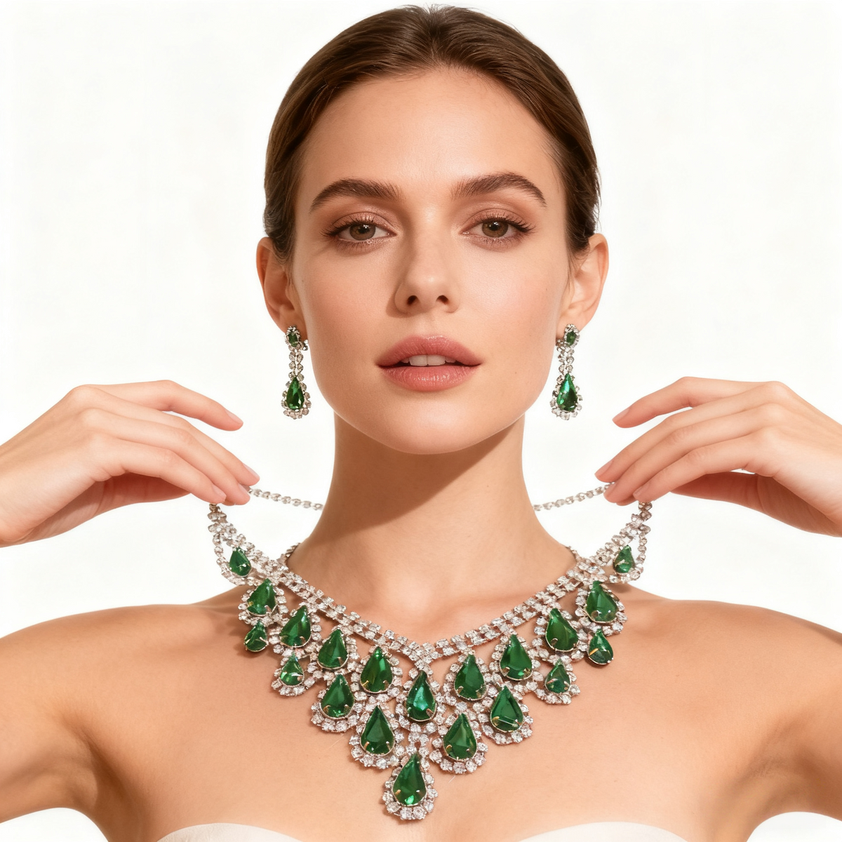 Green Crystal Tassel Necklace & Earring Set